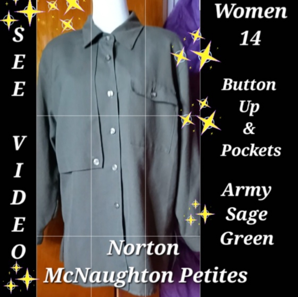 Vintage NORTON McNaughton Sage Green 3/4 Sleeve top w/ Pockets